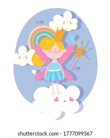 little fairy princess with rainbow clouds and magic wand tale cartoon vector illustration
