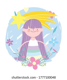 little fairy princess shootig star flowers tale cartoon vector illustration