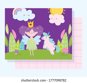 little fairy princess with unicorn tale cartoon clouds forest vector illustration