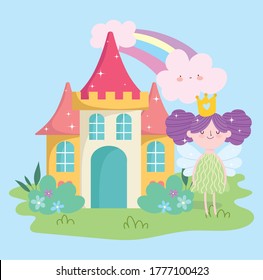 little fairy princess with wings castle rainbow clouds garden tale cartoon vector illustration