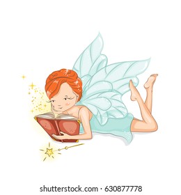 The little fairy is reading a magic book. She  is studying magic. She has red hair. She is in a gentle, air dress. Hand drawn illustration isolated on white background.