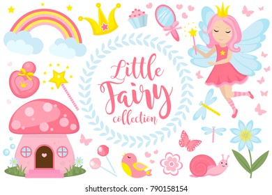 Little fairy set, cartoon style. Cute and mystical collection for girls with fairytale forest princess, magic wand, mushroom house, rainbow, mirror, birds, butterflies, flowers. Vector illustration
