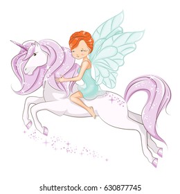 The little fairy sitting on the magical unicorn. She has red hair. She is in a gentle, air dress.  Hand drawn illustration isolated on white background.