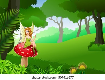 Little fairy sitting on mushroom with Tropical forest background

