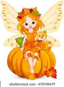 Little fairy sitting on pumpkin