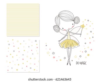 Little fairy. Surface design and 2 seamless patterns. Graphic for kid's clothing. Use for t shirt template, print, fashion wear