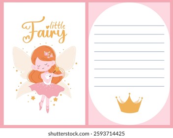 Little fairy template set. Cute princess fairy with orange hair with crown, beautiful wings and magic wand. Pink template for girls.