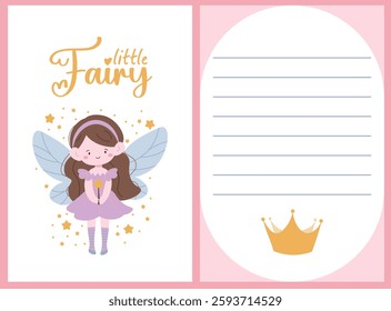 Little fairy template set. Cute princess fairy with brown hair with crown, beautiful wings and magic wand. Pink template for girls.