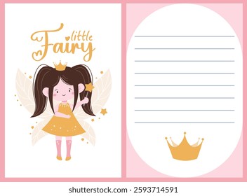  Little fairy template set. Cute princess fairy with black hair with crown, beautiful wings and magic wand. Pink template for girls.