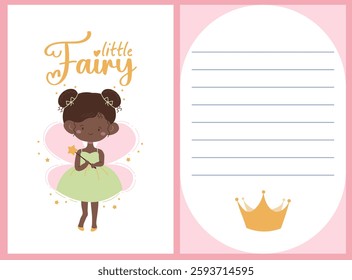  Little fairy template set. Cute black princess fairy with crown, beautiful wings and magic wand. Pink template for girls.