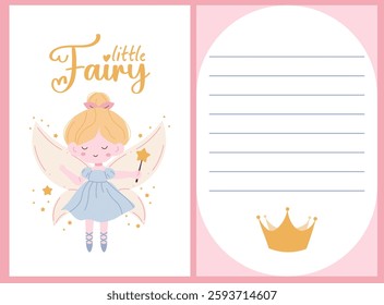  Little fairy template set. Cute blonde princess fairy with crown, beautiful wings and magic wand. Pink template for girls.