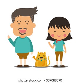 A little family, husband wife and her cat . Illustration cartoon vector design on white background