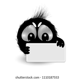 Little fantasy cute black furry creature, coal, holds a sign. Vector illustration frame, EPS 10.