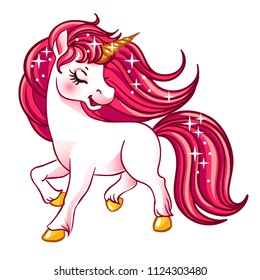 Little fantasy white unicorn with pink hair. Child illustration Isolated. Print for t-shirts and bags.