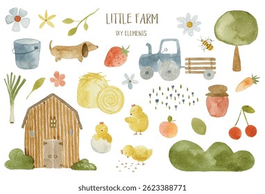 Little Farm - Cute Watercolor Vetor Clipart Set com animais de fazenda, celeiro, trator e elementos do campo. Perfeito para desenhos infantis, perfeito para decoração infantil e roupas infantis. 