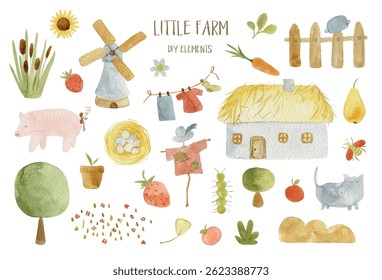 Little Farm – Cute Watercolor Vector Clipart Set with Farm Animals, Barn, Tractor and Countryside Elements. Perfect for kids' designs, perfect for nursery decor and children's clothing.