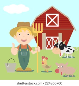 Little farmer, farm animals, vector illustration