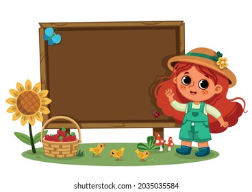 A little farmer girl and an empty wooden board on white background. Vector illustration for kids.