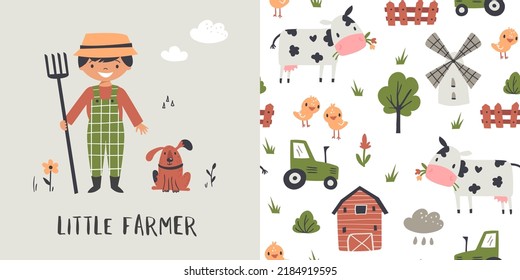 Little farmer pattern with cow, seamless background, and kids print. Vector card for childish bedding, fabric, wallpaper, wrapping paper, textile, t-shirt