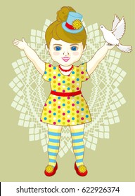 Little fashion girl, colorful style, with bird - Vector Illustration
