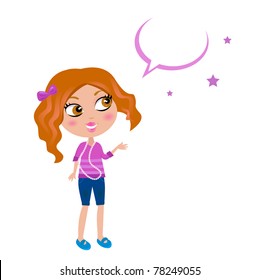 Little fashion girl in jeans and pink Tshirt. Vector Illustration.