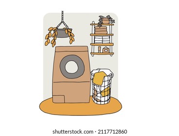  A little fashionable bathroom interior, comical handwritten illustrations, simple coloring of vector line drawings