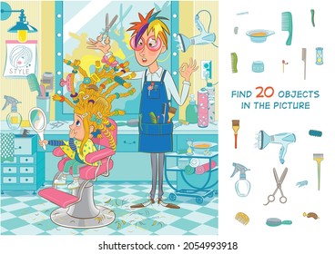 Little fashionista doing her hair in a hairdressing salon. Hidden objects puzzle. Find 20 objects in the picture. Funny cartoon characters.  - Shutterstock ID 2054993918