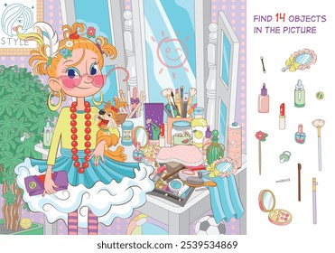 Little fashionista in front of the mirror. Vector illustration. Find 14 objects in the picture. Funny cartoon character