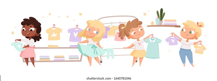 Little fashionistas. Cute girls choose clothes, try on dresses and T-shirts. Young ladies play in store vector illustration