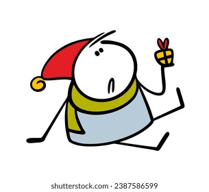 Little fat elf slipped and fell. Funny cartoon stickman in long red hat sits on the ice and holds gift box with ribbon and bow. Vector illustration of holiday greeting. Isolated on white background.