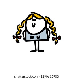 A little fat girl with long blonde hair braided in braids and bows. Vector illustration female stic gigure woman.