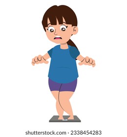 Little fat girl weighing herself on a scale, girl standing vector.