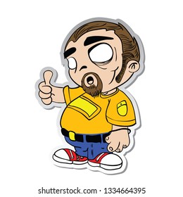 little fat guy holding thumb up sticker cartoon illustration isolated on white