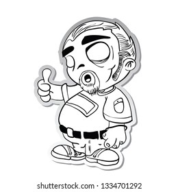 little fat guy holding thumb up sticker cartoon illustration isolated on white