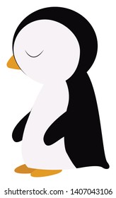 Little fat penguin on clouds with smiling face, vector, color drawing or illustration. 