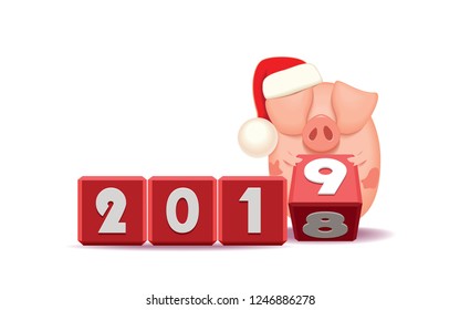 Little fat pink pig with Christmas Santa’s cap changing date from 2018 to 2019 rotating cubes with numbers isolated on a white background