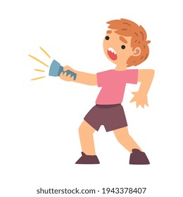 Little Fearful Boy with Flashlight Screaming Afraid of Something Vector Illustration