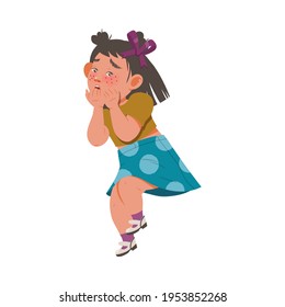 Little Fearful Girl Covering Her Face with Her Hands Afraid of Something Vector Illustration