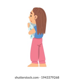 Little Fearful Girl Holding Pillow Afraid of Something Vector Illustration