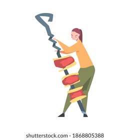 Little Female Carrying Huge Shashlik on Skewer Vector Illustration