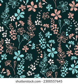 Little field forget-me-not flowers repeat pattern vector illustration. Millefleurs beautiful motif. Rustic chic wallpaper print with flower truss elements. Forget-me-nots bloom summer print.