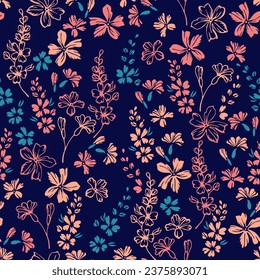 Little field forget-me-not flowers seamless ornament vector design. Millefleurs rustic motif. Rustic chic fabric print with flower racemes. Forget-me-nots bloom spring print.