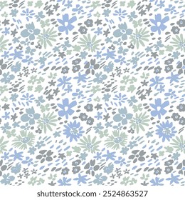 Little field summer blue flowers endless pattern vector design. Millefleurs cute motif. Country-style wallpaper print with flower truss elements. 