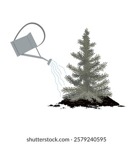 Little fir tree planting. Eco aware concept. Vector isolated illustration