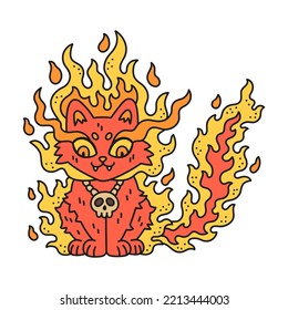 Little fire spirit. Cute small cat in flame. Small devil kitty with skull medallion. Cartoon vector illustration