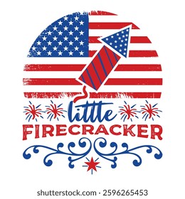 Little Firecracker 4th Of July T-shirt Design Vector, American Independence Day Illustration, Fourth Of July Usa Flag Design