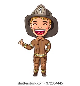 Little fireman. Boy in a fireman suit. Vector illustration on white background.