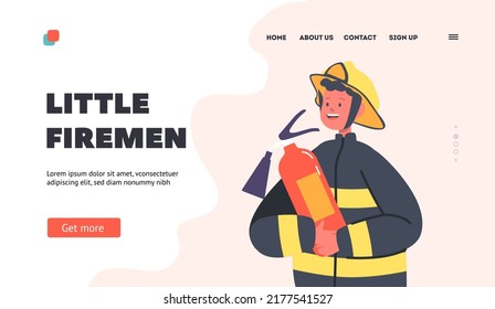 Little Fireman Landing Page Template. Junge, der einen Feuerlöscher hält. Brave Feuerwehrmann mit Ausrüstung für den Kampf mit Blaze. Kid Charakter in Uniform und Hat Profession, Spiel. Cartoon-Vektorgrafik