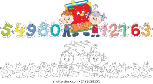 Little first graders and a cartoon character primary mathematics textbook with funny colorful toy numbers friendly smiling and waving in greeting, a set of vector illustrations