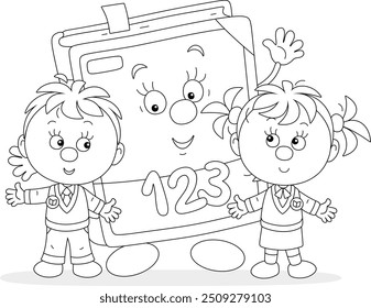 Little first graders and a cartoon character primary mathematics textbook friendly smiling and waving in greeting, black and white outline vector cartoon illustration for a coloring book